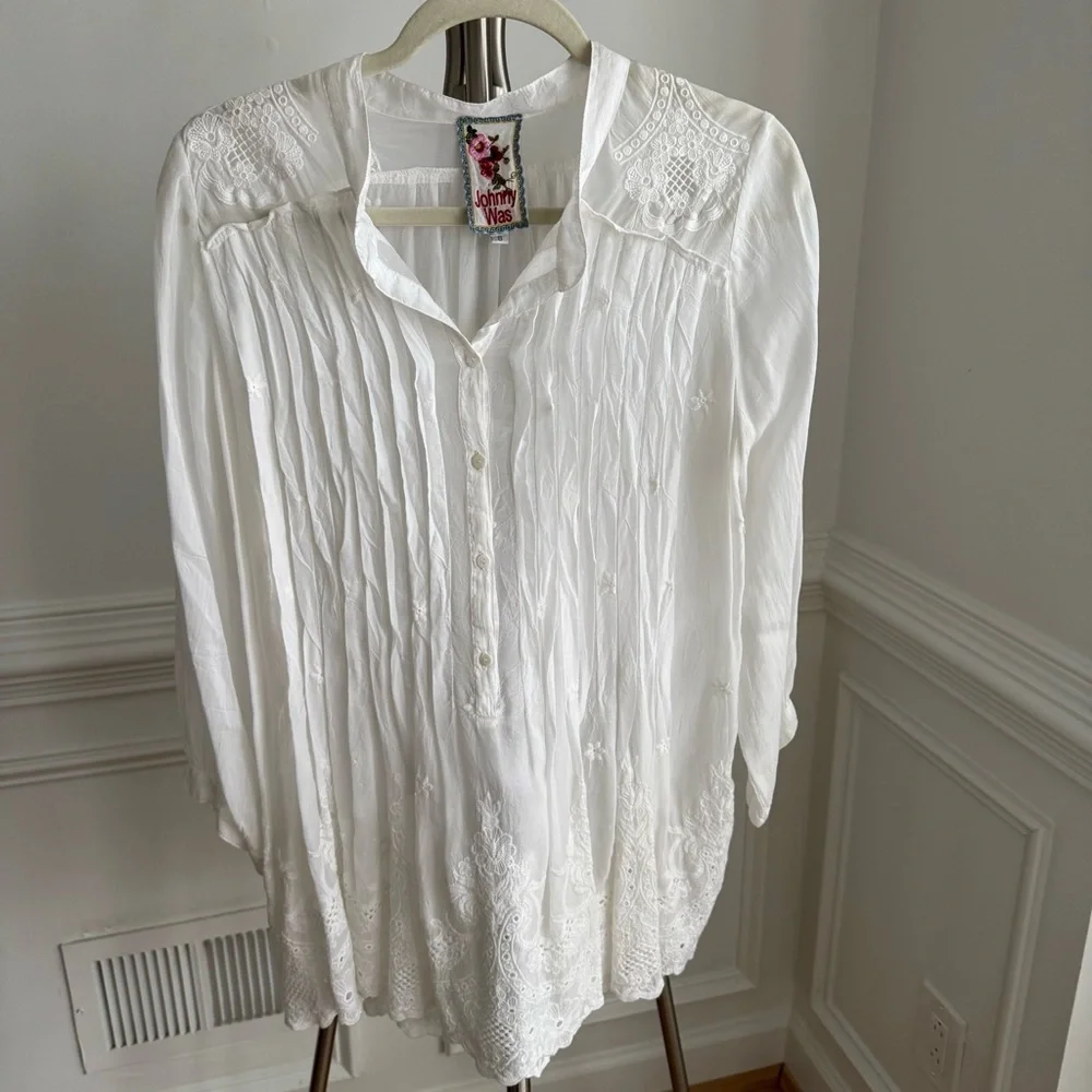 Johnny Was White The Pintuck Vine Embroidered Boho Blouse Tunic Small